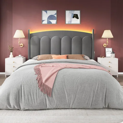 Vista 3 de CypBed Base de cama de tamaño matrimonial con luces LED de cabecero, cama matrimonial tapizada de terciopelo, cama matrimonial con plataforma