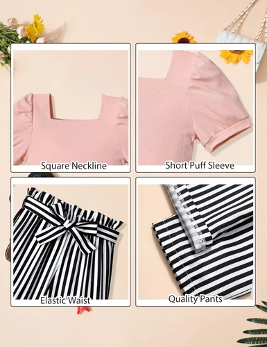 Vista 32 de DONWEN Conjunto de 3 piezas de ropa para niñas pequeñas y niñas con cuello cuadrado + pantalones elegantes + diadema para primavera y verano