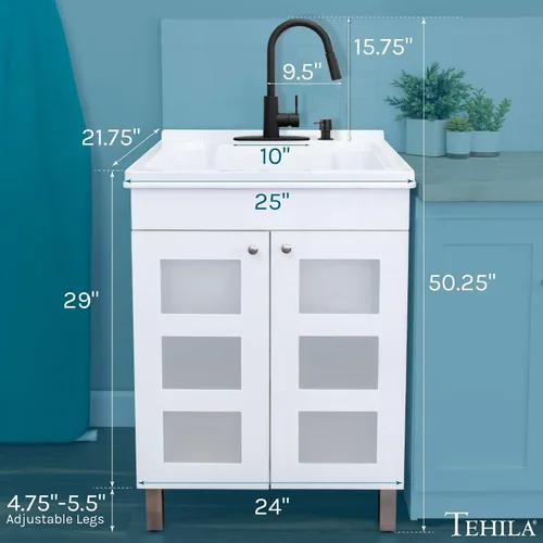 Vista 2 de JS Jackson Supplies, fregadero utilitario con gabinete de tocador blanco, grifo rociador desplegable de arco alto, dispensador de jabón y tocador