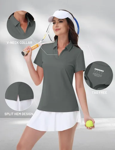 Vista 5 de MAGCOMSEN Camisas de golf para mujer, manga corta, cuello polo, cuello en V, secado rápido, protección solar UPF 50+
