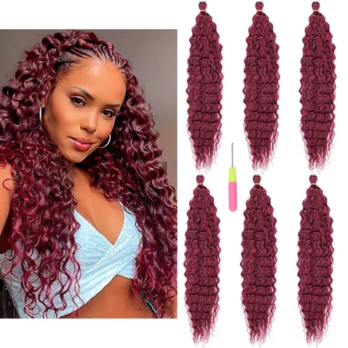 Vista 10 de Extensiones de cabello ondulado con ganchillo Ocean Wave de 18 pulgadas, 6 paquetes, extensiones de cabello de ganchillo sueltas de onda profunda #1B