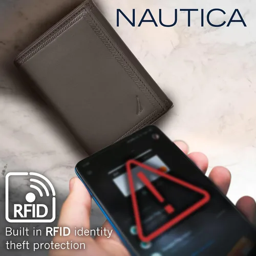 Vista 28 de Nautica Men's Trifold Wallet RFID Blocking Protection ID Window Card Slots Genuine Leather Durable