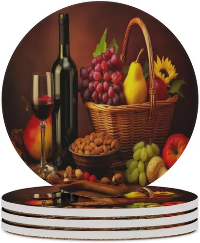 Vista 16 de 4 posavasos de vino tinto, cuadrados y modernos posavasos absorbentes de cerámica, estilo de pintura al óleo, vintage, vino tinto, uvas, rosa