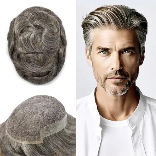 Vista 18 de Mens Toupee Remy Human Hair System For Men Bleached Knot Toupee Hair Piece For Men French Lace Toupee For Men Hairpiece 8X10#17 Dark Ash Blonde 90%