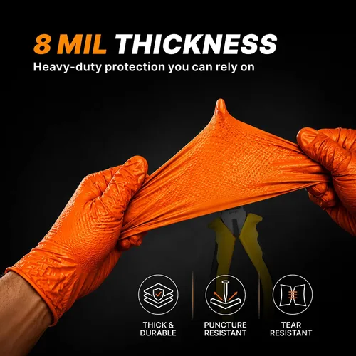 Vista 4 de TitanFlex Heavy Duty Orange Industrial Nitrile Gloves with Raised Diamond Texture, Latex Free (6mil/8mil)