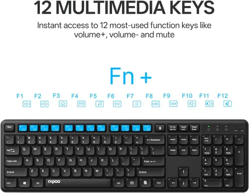 Vista 4 de Rapoo X2100 Combo de teclado y mouse inalámbricos silenciosos, receptor USB de 2.4GHz, 12 teclas multimedia, a prueba de derrames, tamaño completo