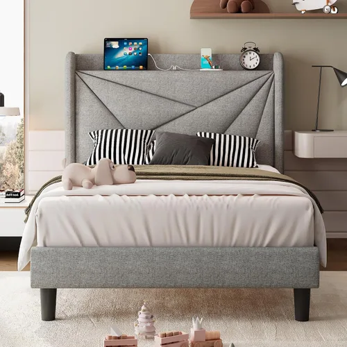 Vista 14 de iPormis Base de cama tamaño Queen con estación de carga, marco de cama de plataforma de lino con cabecera tapizada con respaldo de ala, soporte