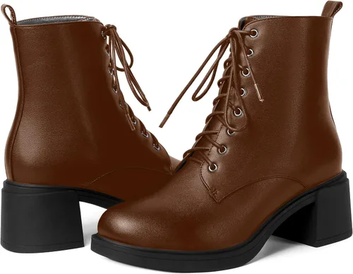 Vista 131 de ROSERWISH Botas altas de tacón bajo y grueso para mujer, con cordones, cómodas, modernas, con puntera redonda, de 2.5 pulgadas
