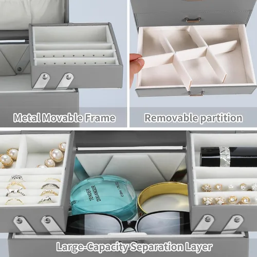 Vista 5 de Dajasan Caja organizadora de joyas, cajas de joyería para mujeres y niñas, 4 capas, caja de almacenamiento grande de joyería para aretes, anillos