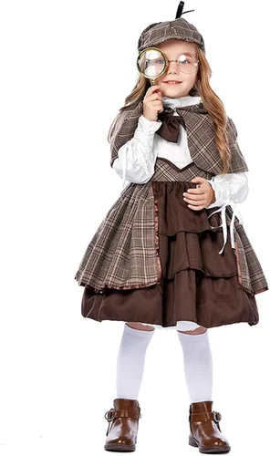 Vista 2 de MRAFDGFB Trajes para recién nacidos para niñas pequeñas y grandes, estilo británico, traje de detective para niña, chal a cuadros, medieval, hinchado