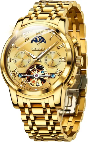 Vista 7 de OLEVS - Relojes automáticos para hombre, diseño mecánico con cuerda automática, reloj de pulsera de lujo de moda, esqueleto, luminoso, impermeable