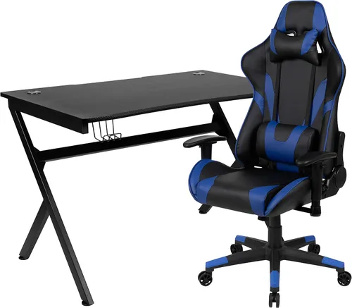 Vista 68 de Flash Furniture Juego de escritorio para juegos negro y silla de carreras blanco/negro con soporte para tazas, gancho para auriculares y soporte