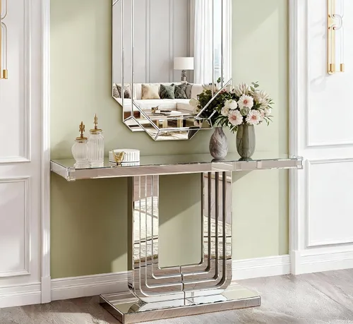 Vista 24 de Mesa consola con espejo de 55 pulgadas, mesa larga para sofá de sala de estar, oficina, detalles de cristal de diseño hexagonal, moderno escritorio