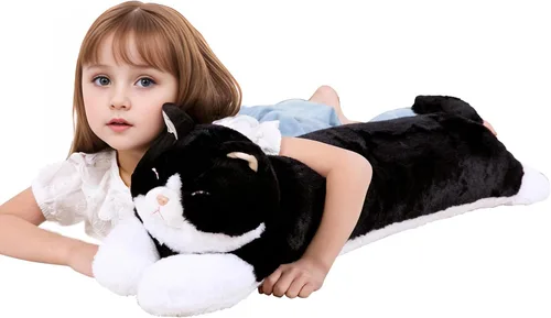 Vista 8 de Juguete de peluche grande de 32 pulgadas, almohada grande de peluche de gato largo y grande, regalo de peluche de gatito blanco y negro para niños