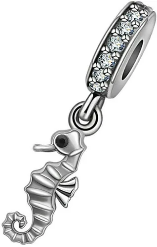 Vista 2 de Abalorio de caballito de mar de plata de ley 925 con diseño de animales, dije de aniversario para pulsera Pandora