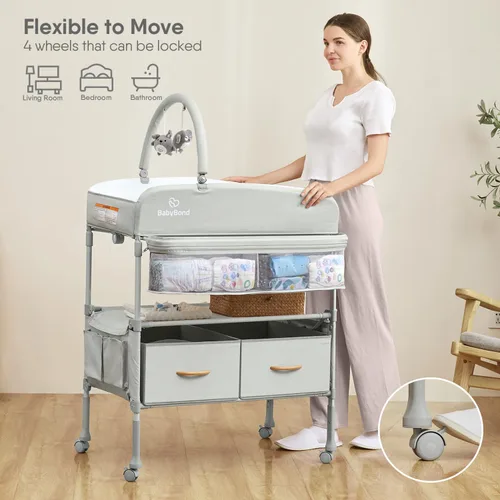 Vista 2 de BabyBond Cambiador portátil para bebé con 2 cestas de almacenamiento, cambiador plegable cómoda cambiador de pañales, estación de cambio ajustable