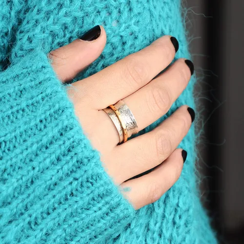 Vista 2 de Boho-Magic Anillo giratorio de plata de ley 925 para mujer con anillo de latón, con flores, Metal