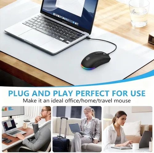 Vista 5 de Ratón con cable, ratón USB para computadora de 1600 DPI, mouse óptico móvil de diseño ergonómico con cable para computadora portátil, PC