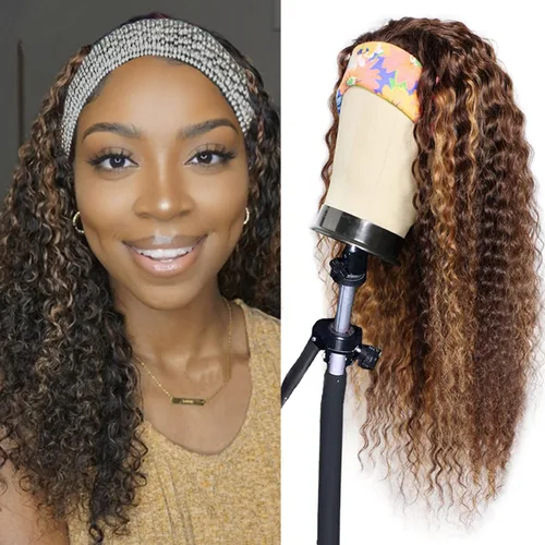 Vista 21 de Peluca de cabello humano con diadema de ondas profundas, sin pegamento, pelucas de cabello rizado sin encaje frontal, pelucas de cabello humano