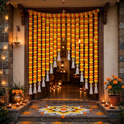 Vista 3 de 5 guirnaldas de caléndula de 5 pies de largo para decoración de hebras largas, flores artificiales de caléndula Decoración india para Pooja Boda