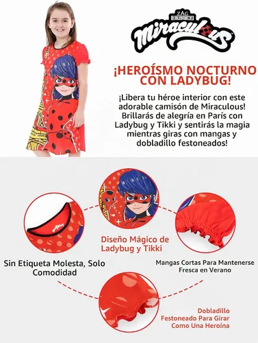 Vista 7 de Miraculous Camisón de mariquita Camisón de lunares para niñas Camisones y camisas de dormir Tikki para niñas Tallas 5 a 12, rojo