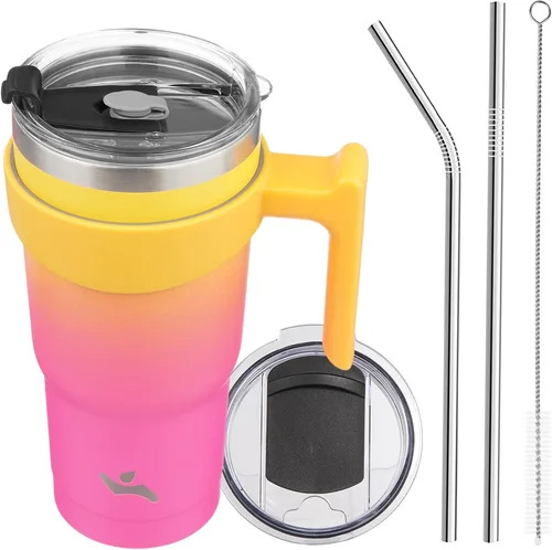 Vista 40 de Konokyo - Vaso de 10 onzas con asa y 2 popotes, 2 tapas, botella de agua aislada de acero inoxidable, taza de viaje reutilizable, color verde militar
