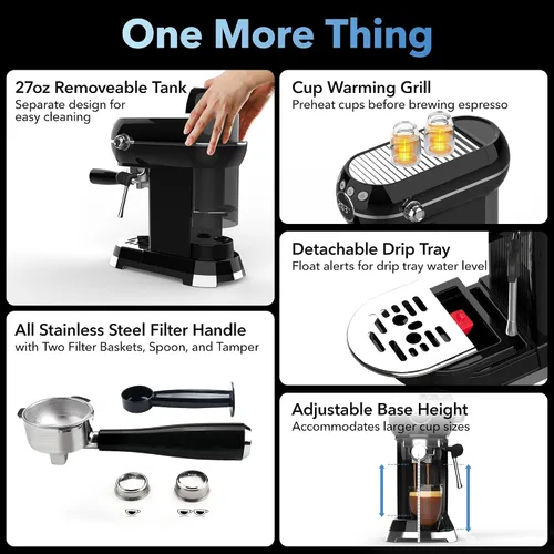 Vista 8 de HBN Máquina Compacta de Espresso de 20 Bar con Espumador de Leche, Tanque de Agua Extraíble de 27oz para Espacios Pequeños, Cafetera Casera