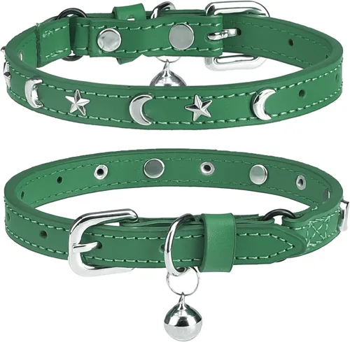 Vista 17 de Collares de cuero DILLYBUD para gatos macho y hembra con campana y cinturón elástico de seguridad, collar ajustable con hebilla de seguridad