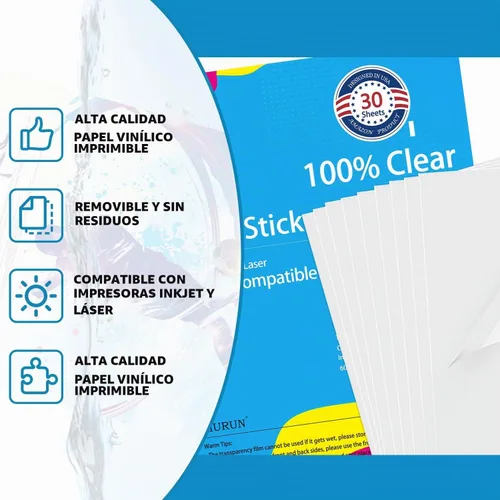 Vista 4 de Papel adhesivo de vinilo imprimible de alta calidad para impresora de inyección de tinta y láser, 100% transparente, 30 hojas autoadhesivas