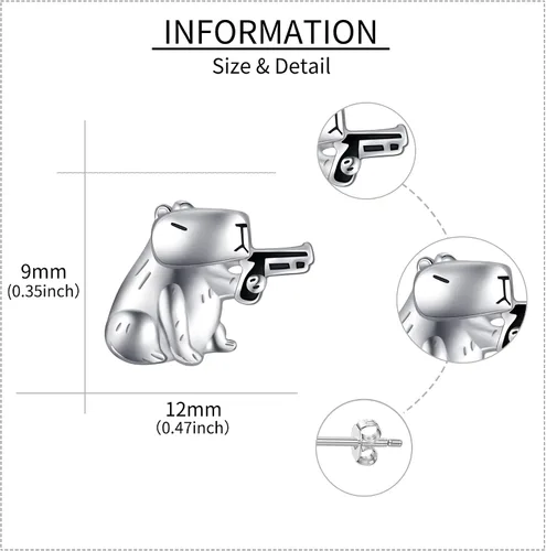 Vista 5 de Aretes de plata de ley con diseño de capibaratrébolovejaovnisschnauzerbulldogfresaballena orcazarigüeyamanatílangostalimónhuella de pata para mujer