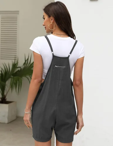 Vista 7 de Lumister Overol de algodón y lino para mujer, overol holgado con pechera y bolsillos grandes
