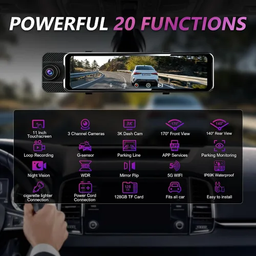 Vista 2 de Cámara de tablero de espejo de 3 canales con frontal 3K, cabina y trasera 1080P, cámara de espejo retrovisor de 11 pulgadas con WiFi/visión