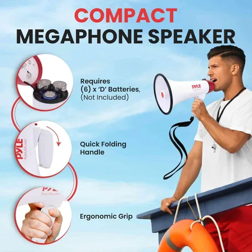 Vista 3 de Pyle PMP40 Megáfono. Altavoz con sirena incorporada, con volumen regulable, rango de hasta 800 yardas. Ideal para fútbol americano, fútbol