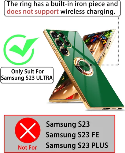Vista 2 de Funda para Samsung Galaxy S23 Ultra 5G, soporte de anillo de rotación de 360° incorporado, soporte magnético, borde chapado brillante de lujo, Verde