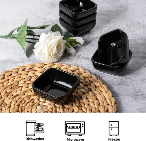 Vista 4 de DELLING Juego de cuencos de cerámica ultra fuertes de 3 onzas, cuencos de salsa de inmersión negros/platos para salsa de tomate, soja, barbacoa