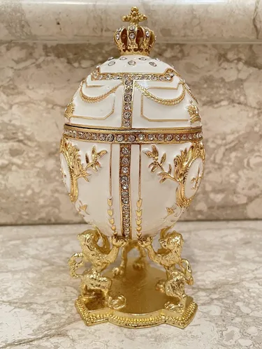 Vista 2 de Faberge Huevo Joyero estilo oro de 24 quilates huevo ruso 5ct hecho a mano Leones joyas coronación 200 teléfonos diamantes de cristal 6.5 pulgadas