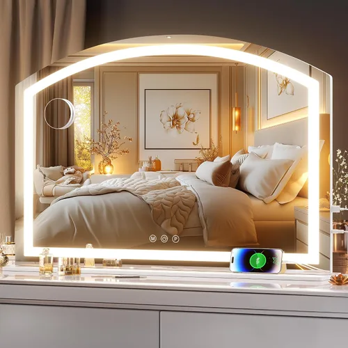 Vista 10 de Hasipu Espejo de tocador con luces, espejo de maquillaje LED arqueado de 11 x 14 pulgadas, espejo de maquillaje iluminado con luces, control táctil