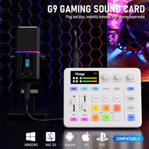 Vista 2 de Facmogu G9 Mezclador de Audio, Mezclador de PC RGB para Transmisión con Interfaz XLR para Micrófono, Control de Volumen, Botón de Silencio
