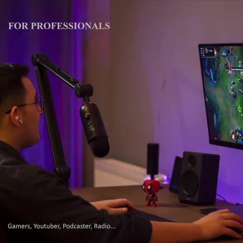 Vista 3 de Ixtech Brazo de soporte para micrófono, de escritorio, 360 °, ajustable y plegable como tijera, para podcast, videojuegos, radio y audio de estudio