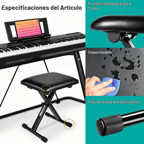 Vista 4 de AODSK Banco para teclado estilo X con cojín acolchado, banco de piano ajustable, taburete plegable con asiento, algodón ignífugo, diseño