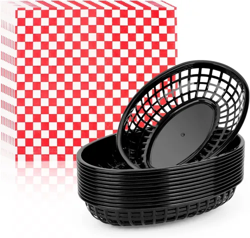 Vista 12 de EUSOAR Cestas de plástico para alimentos con forros de papel, 12 cestas rojas extragrandes de 11.8 x 8.9 pulgadas para servir alimentos y 10 x 11