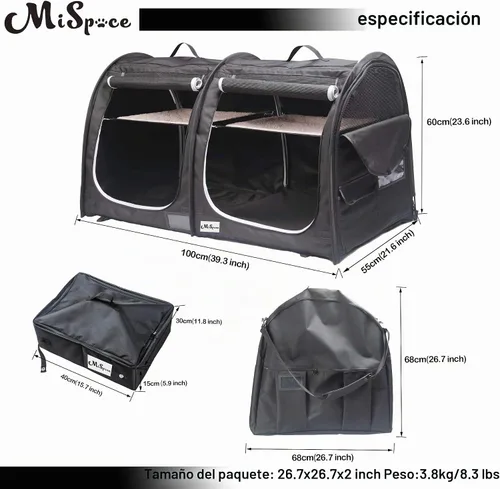 Vista 4 de Mispace - Jaula portátil de doble compartimiento para exposición, para gatos, cómoda jaula de viaje para perros con bolsa de transporte, 2 Negro