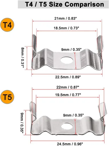 Vista 6 de uxcell T4 Clips Soporte para tubo de luz LED, tubo fluorescente LED, acero al manganeso niquelado, paquete de 15
