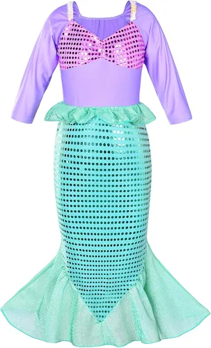 Vista 4 de Little Girls Mermaid Princess Costume Dress for Girls Dress Up Party with Crown Mace