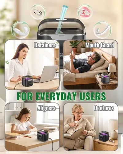 Vista 7 de Limpiador ultrasónico de retenedores, limpiador de retenedores dentales portátil de 48 kHz con capacidad de 8.1 fl oz, limpiador bucal digital