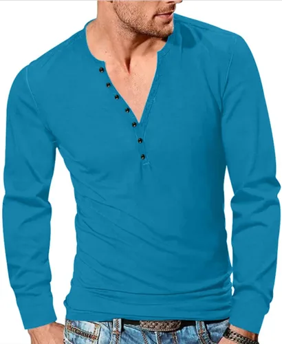 Vista 20 de YTD - Camiseta de manga larga Henley básica ajustada para hombre, estilo casual