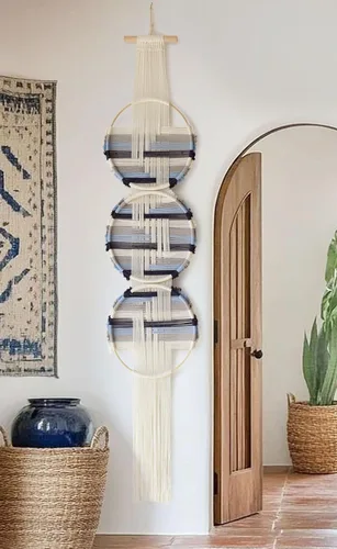 Vista 10 de Flber Macramé para colgar en la pared, 3 piezas, macramé, decoración de pared de macramé, arte de pared redondo, hecho a mano, bohemio