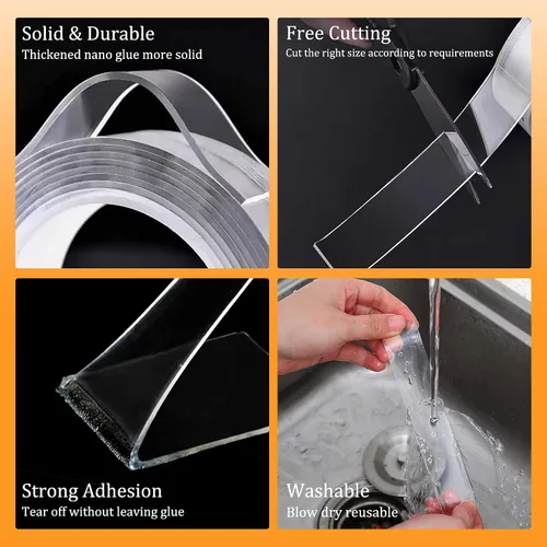 Vista 3 de Cinta de doble cara resistente para decoración de pared, no daña la pintura, cinta de montaje extraíble transparente, cinta adhesiva nano de dos 1