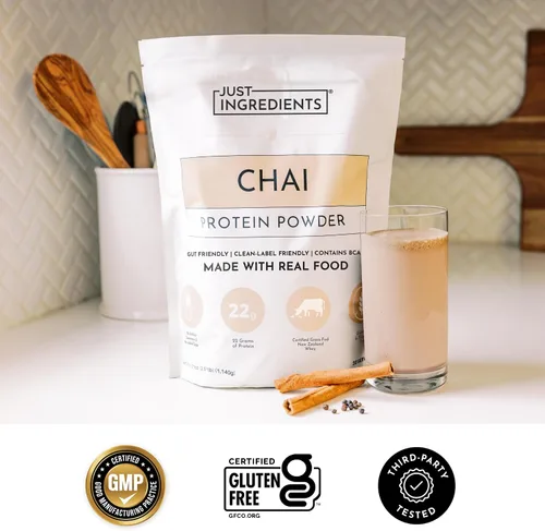Vista 3 de JUST INGREDIENTS Chai Proteína en polvo – Mezcla de 30 porciones con suero 100% alimentado con pasto y proteínas vegetales orgánicas – Sabor cálido