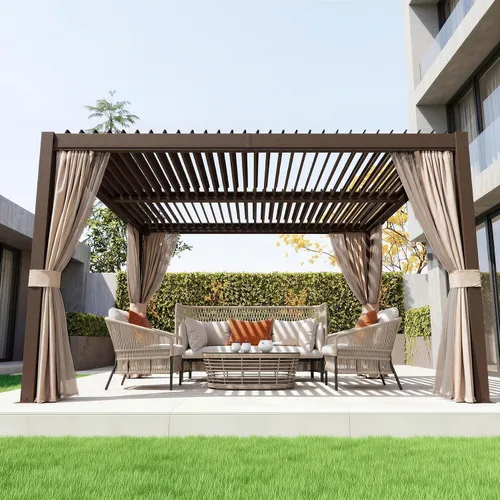 Vista 18 de Domi - Pérgola de aluminio para exteriores de 10 x 10 pulgadas con cortinas y malla Marrón oscuro